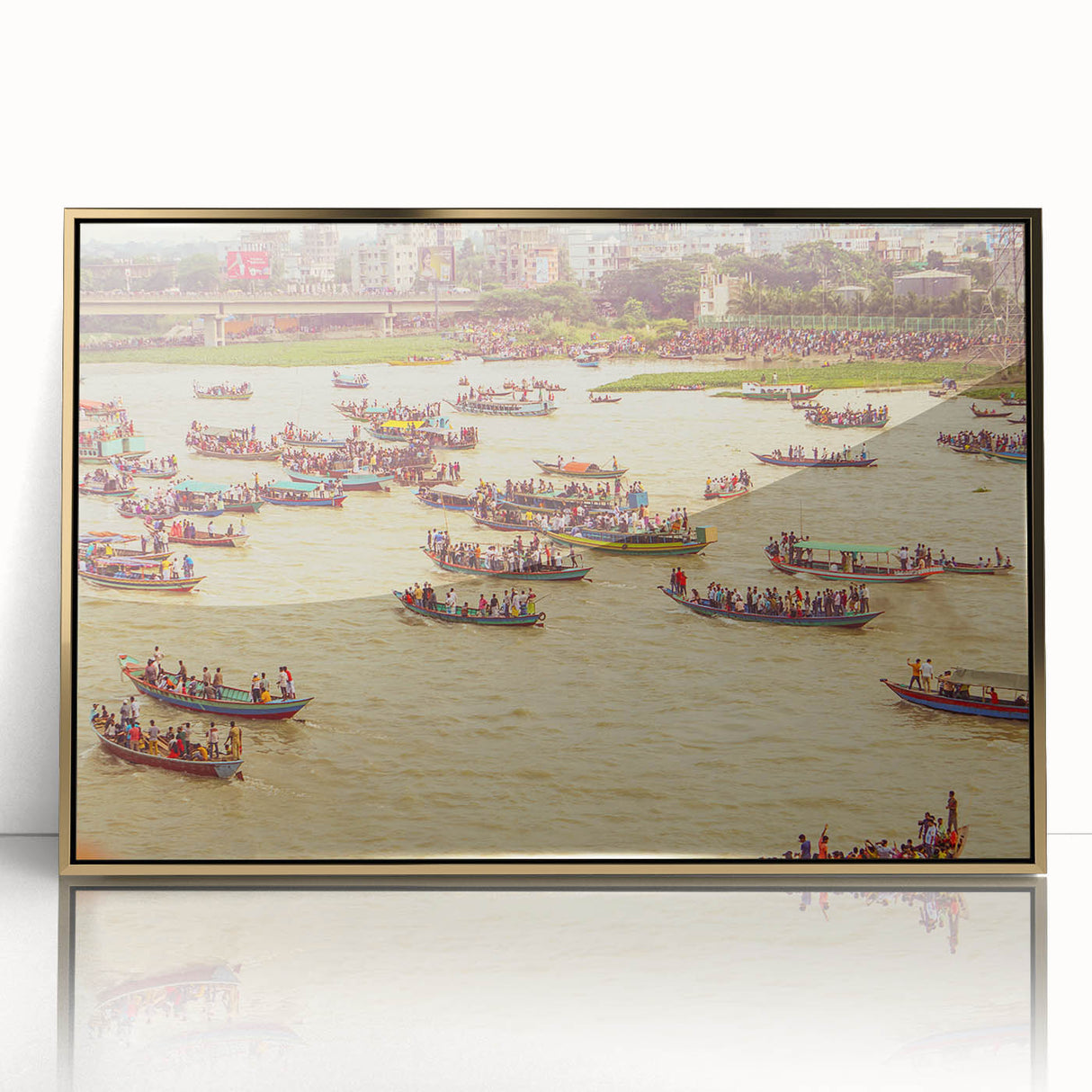 Large acrylic print of a serene Bangladesh landscape in gold frame, ideal for modern art wall decor.