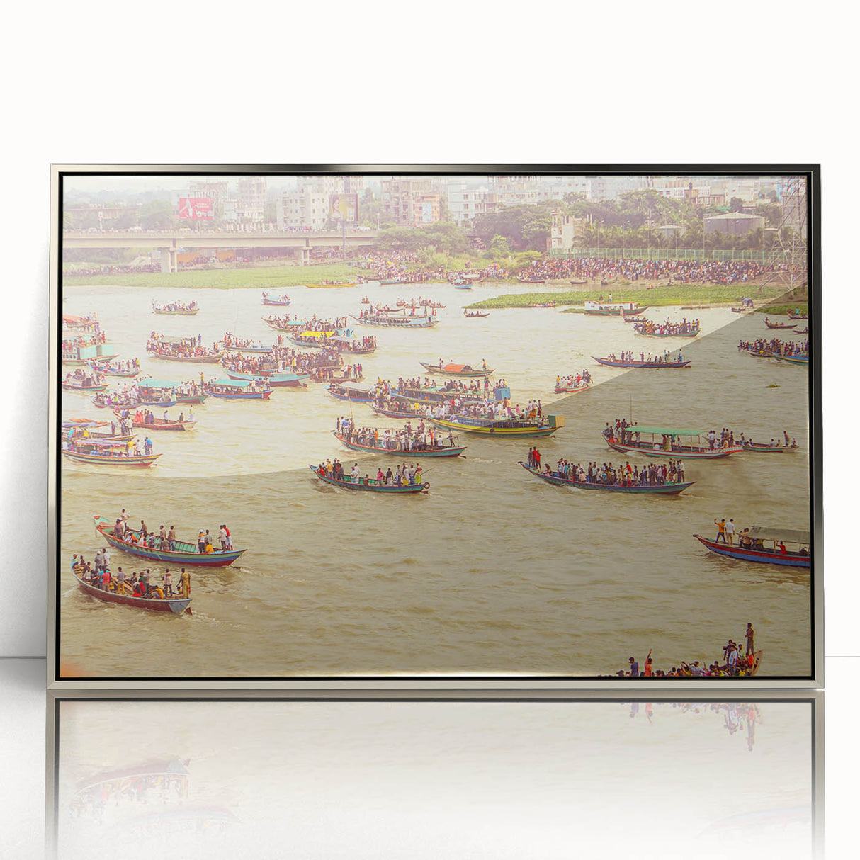 Mid-century modernist art depicting a vibrant sunset over a Bangladesh landscape on a silver-framed acrylic print.