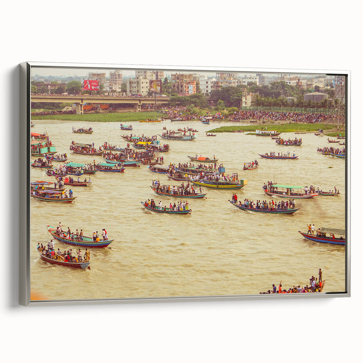 Framed canvas featuring a vintage-style landscape painting of a Bangladesh scenery in vibrant colors.