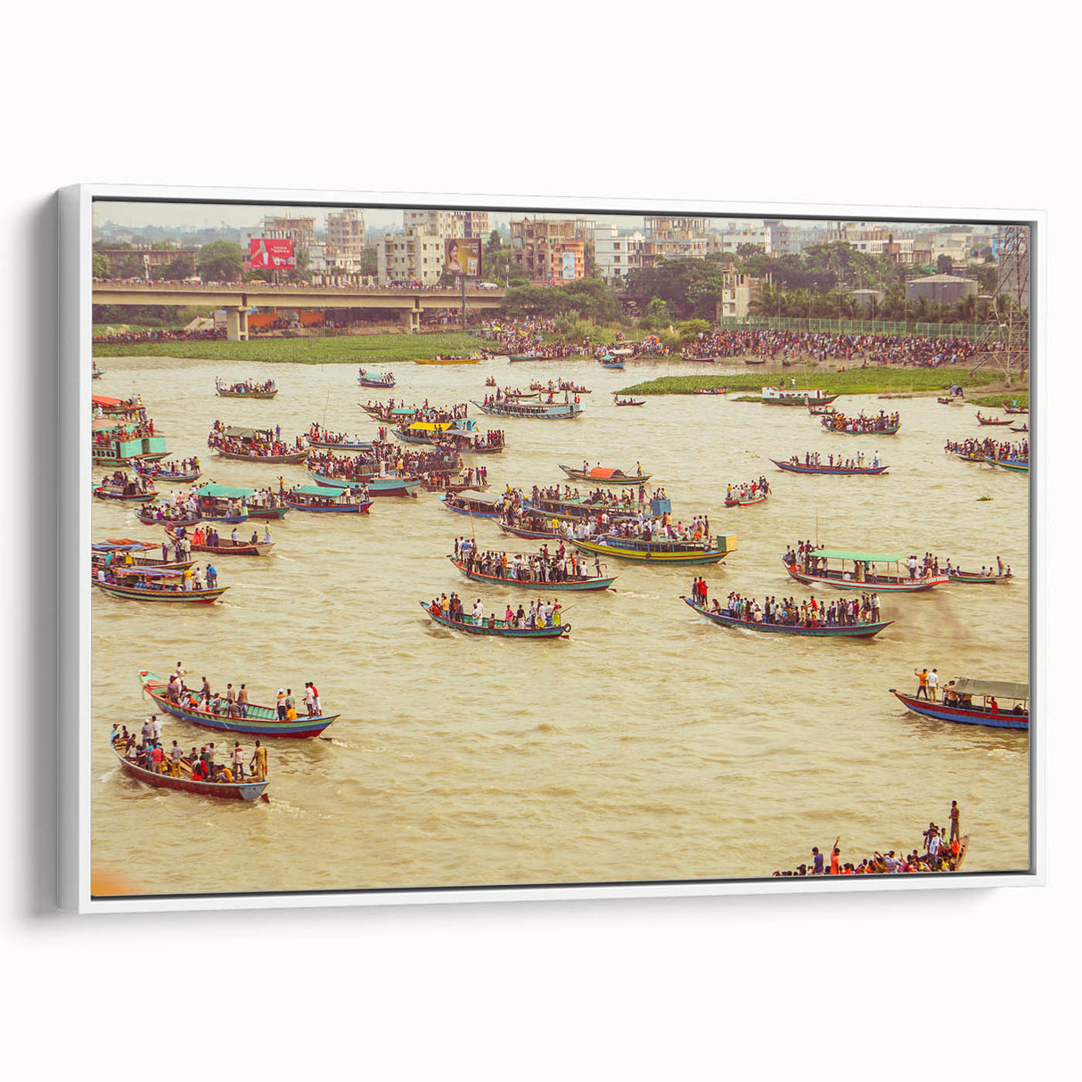 Vintage poster art of a scenic Bangladesh landscape on framed canvas, featuring vibrant colors, ideal for living room decor.