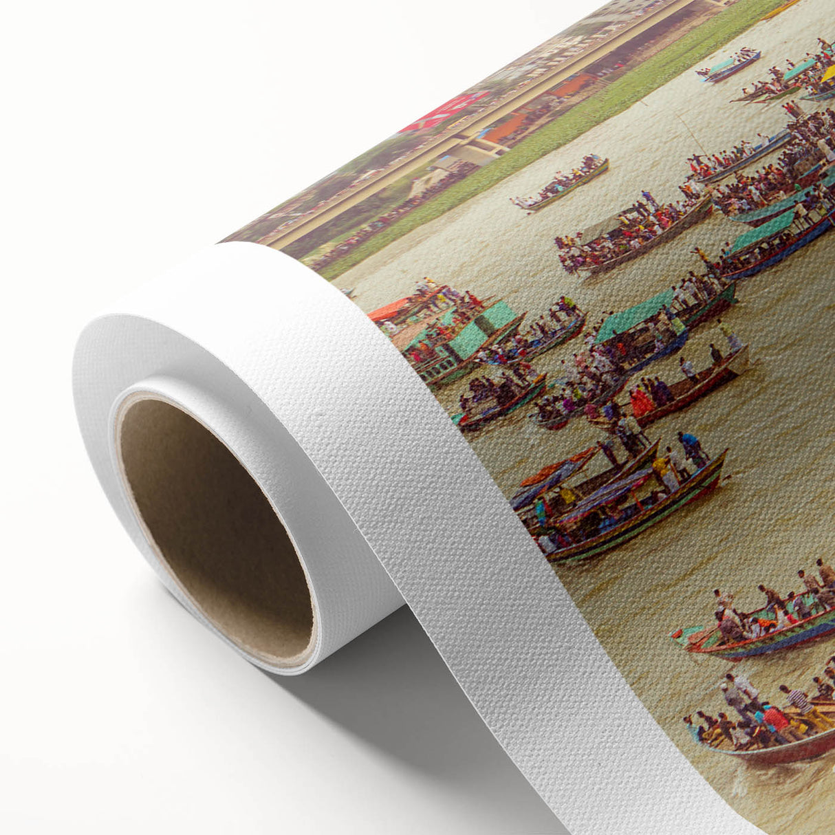 Art deco poster of a serene Bangladesh landscape in soft green and blue tones on rolled canvas, ideal for nursery wall art.