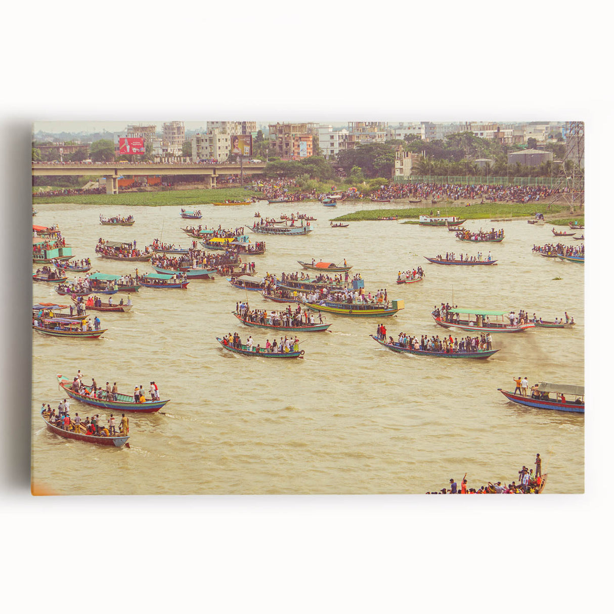 Black and white photograph of a serene Bangladesh landscape on a large stretched canvas, ideal for kitchen wall art.