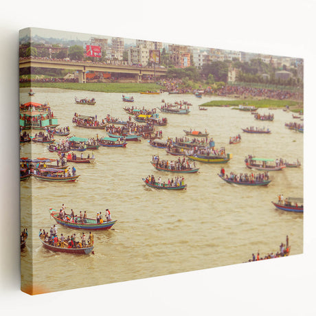 Scenic Bangladesh landscape on stretched canvas, featuring lush greenery and water in muted earth tones.