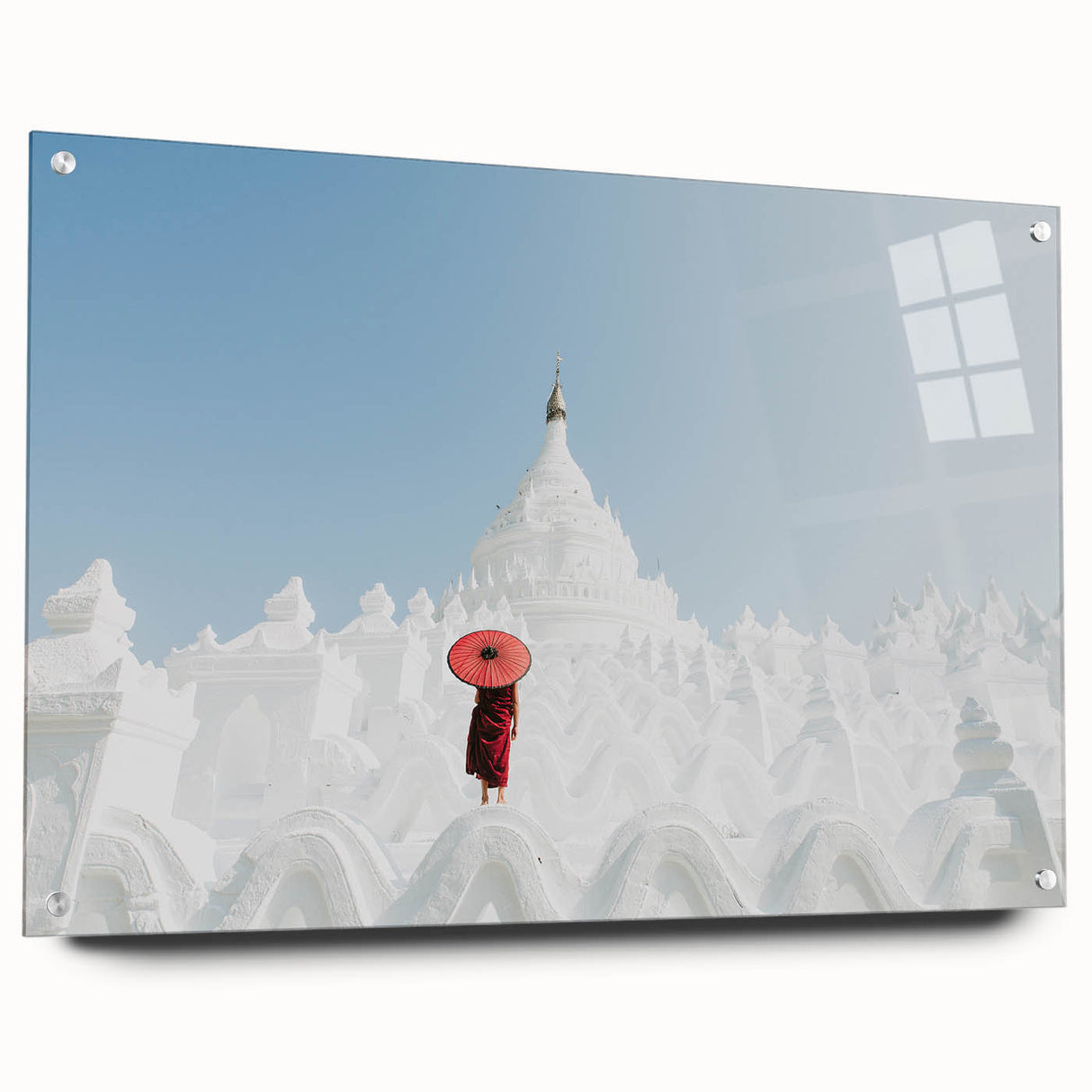 Acrylic print of a serene Myanmar landscape in muted greens and blues, suitable for dining room decor.
