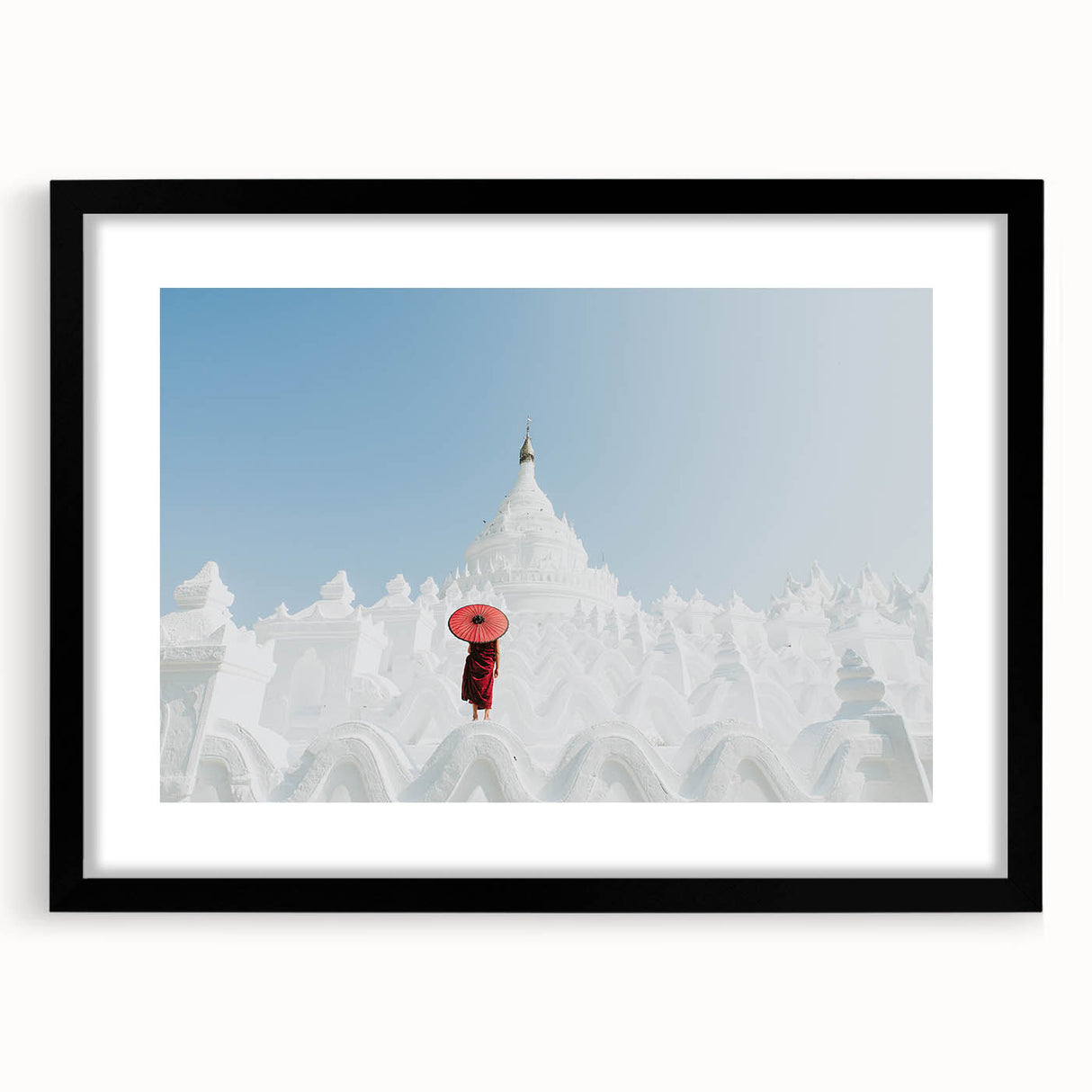 Extra large abstract art print of a colorful Myanmar scenery in a black frame, ideal for living room decor.