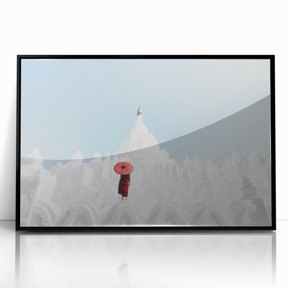 Large abstract wall art of a Myanmar landscape in muted earth tones, acrylic print in a black frame.