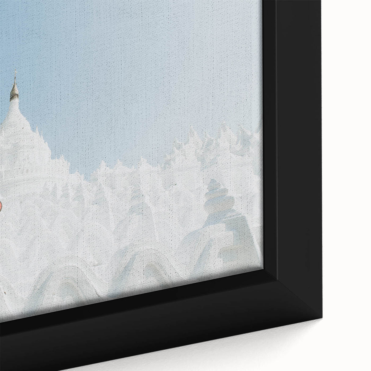 Extra large framed canvas of a textured Myanmar scenery in black with colorful accents, suitable for living room decor.