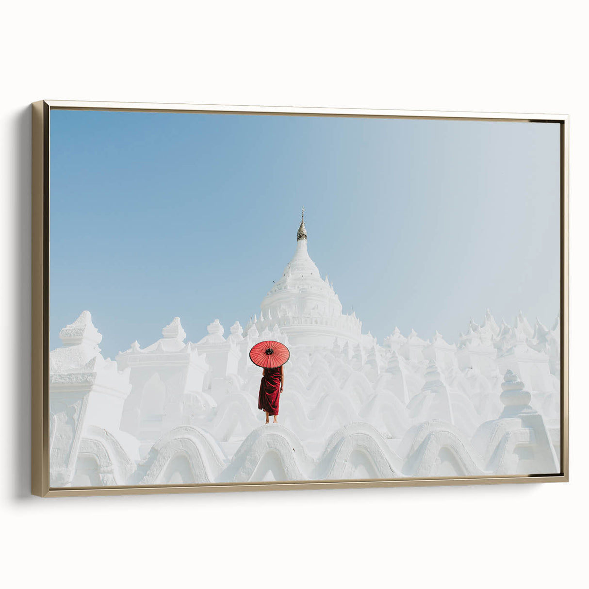 Framed canvas depicting a vintage-style landscape of Myanmar in gold and black tones, suitable for bedroom wall art.