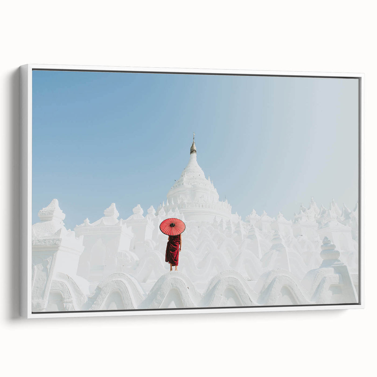 Vintage poster art of a Myanmar scenery on a large framed canvas, featuring vibrant.