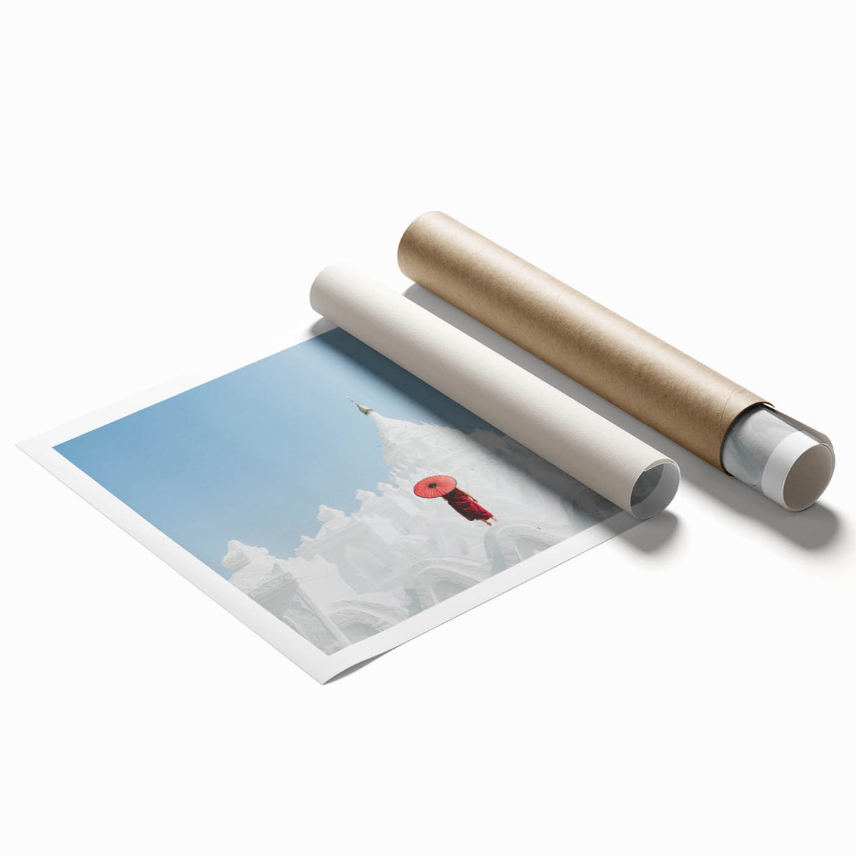 Extra large rolled print of a serene Myanmar landscape with lush greenery and a distant pagoda.