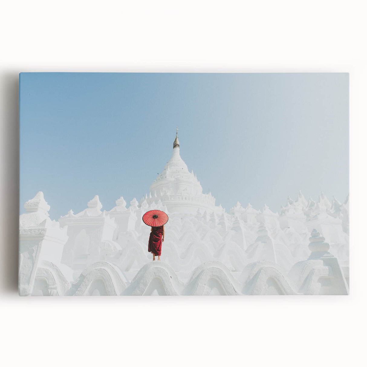 Black and white photograph on canvas of a serene Myanmar landscape, ideal for kitchen wall art.