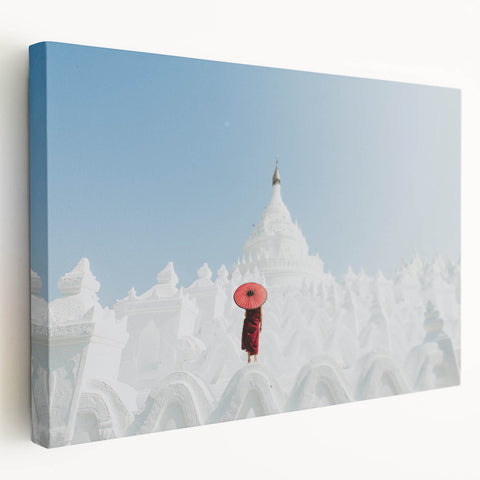 Large canvas print of a serene Myanmar landscape in soft earth tones, suitable for kitchen wall art.