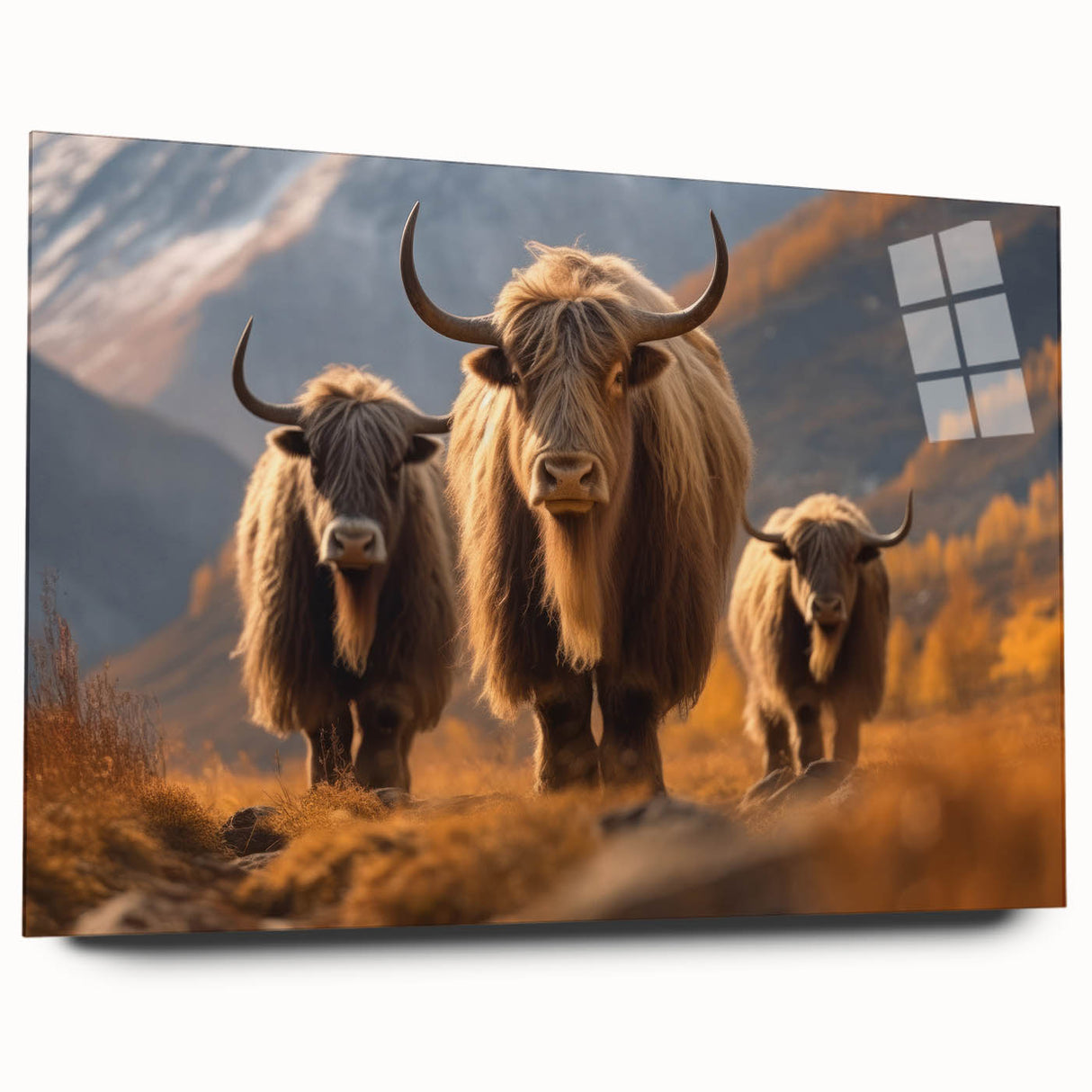 Large abstract wall art depicting a serene Nepalese landscape in muted earth tones, printed on acrylic glass.