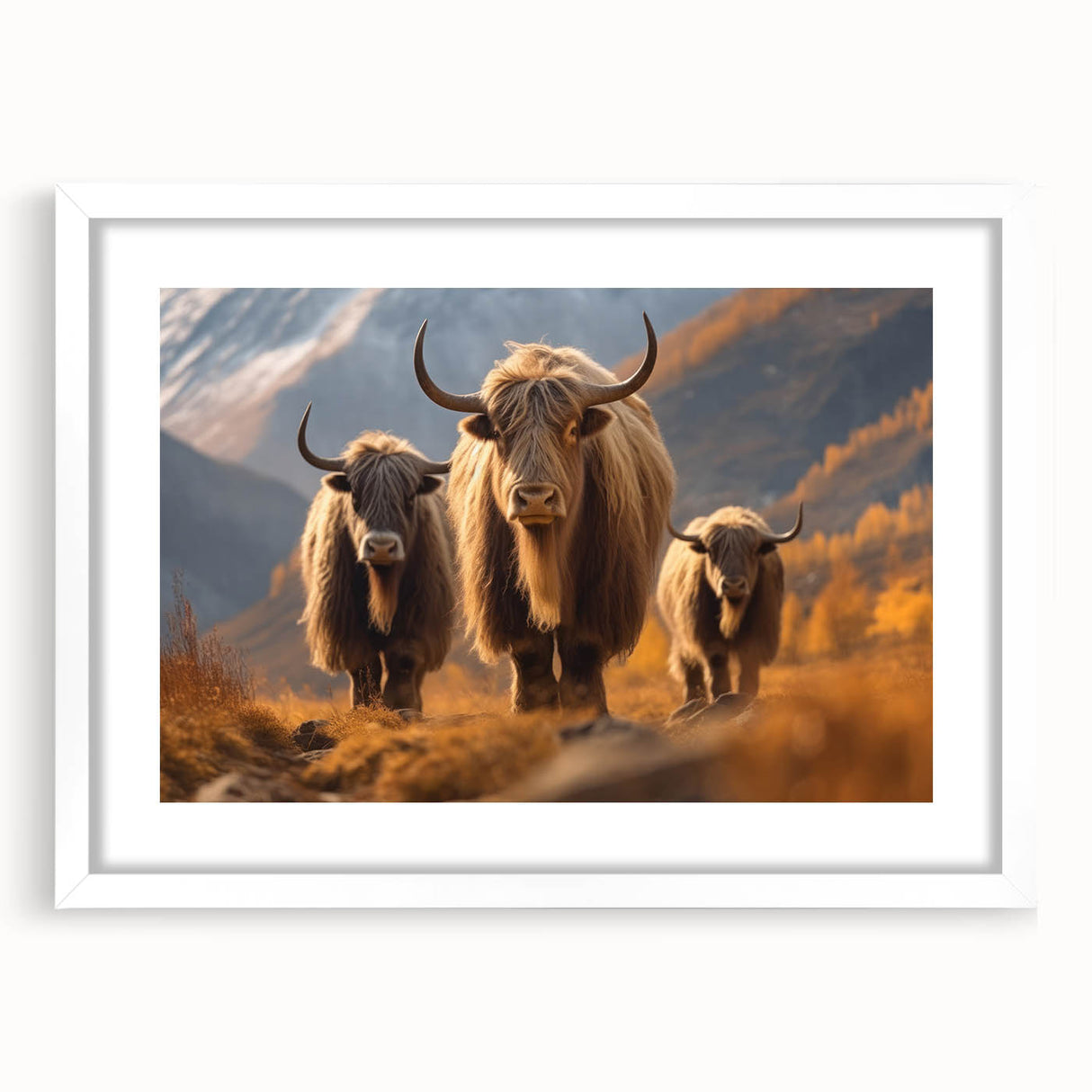 Abstract art print of a Nepalese landscape in muted earth tones, framed with a white mat, ideal for dining room decor.