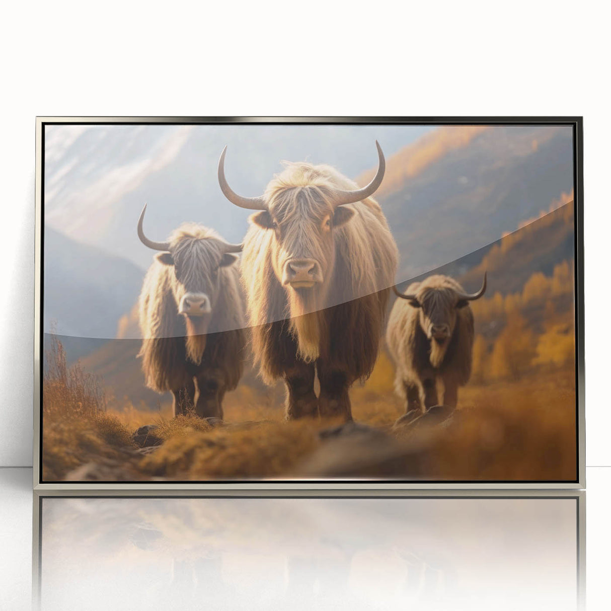 Mid-century modernist art depicting a serene Nepalese landscape in cool tones on a framed acrylic print.