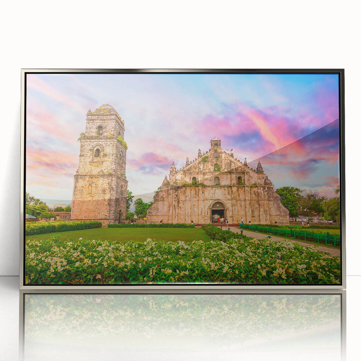 Mid-century modernist art depicting a serene Philippine landscape in pastel shades, framed in acrylic.