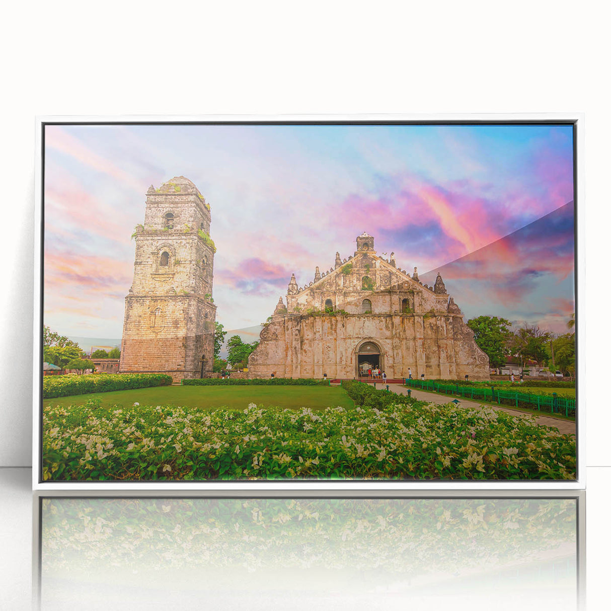 Acrylic print of a serene Philippine landscape in pastel shades, framed in white, suitable for nursery wall art.
