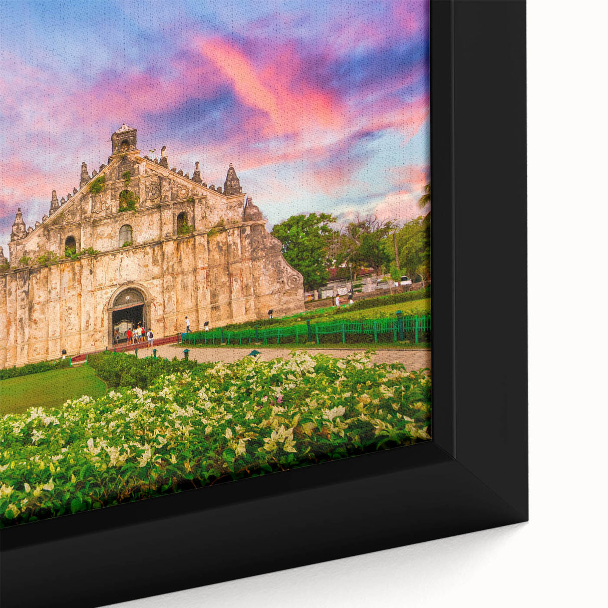 Extra large framed canvas of a textured, colorful abstract landscape, ideal for living room decor.