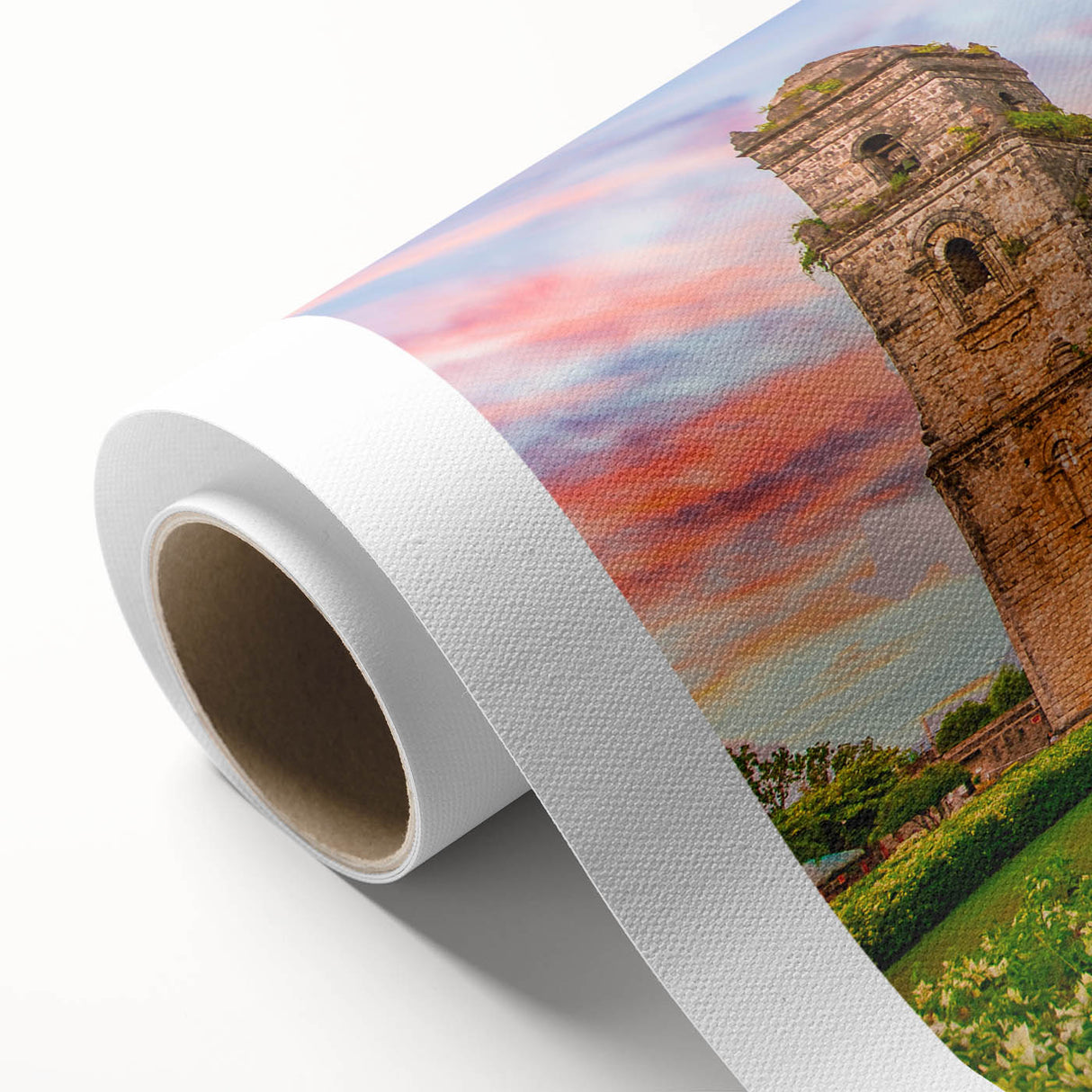 Art deco poster of a serene Philippine landscape on rolled canvas, with soft pastel colors, ideal for nursery wall art.