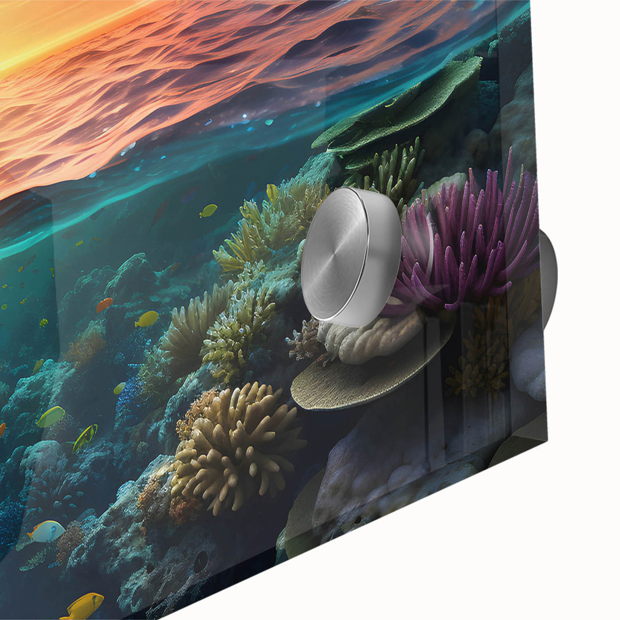 Acrylic print of the Great Barrier Reef in abstract style, using vibrant blue and green tones, suitable for dining room art.