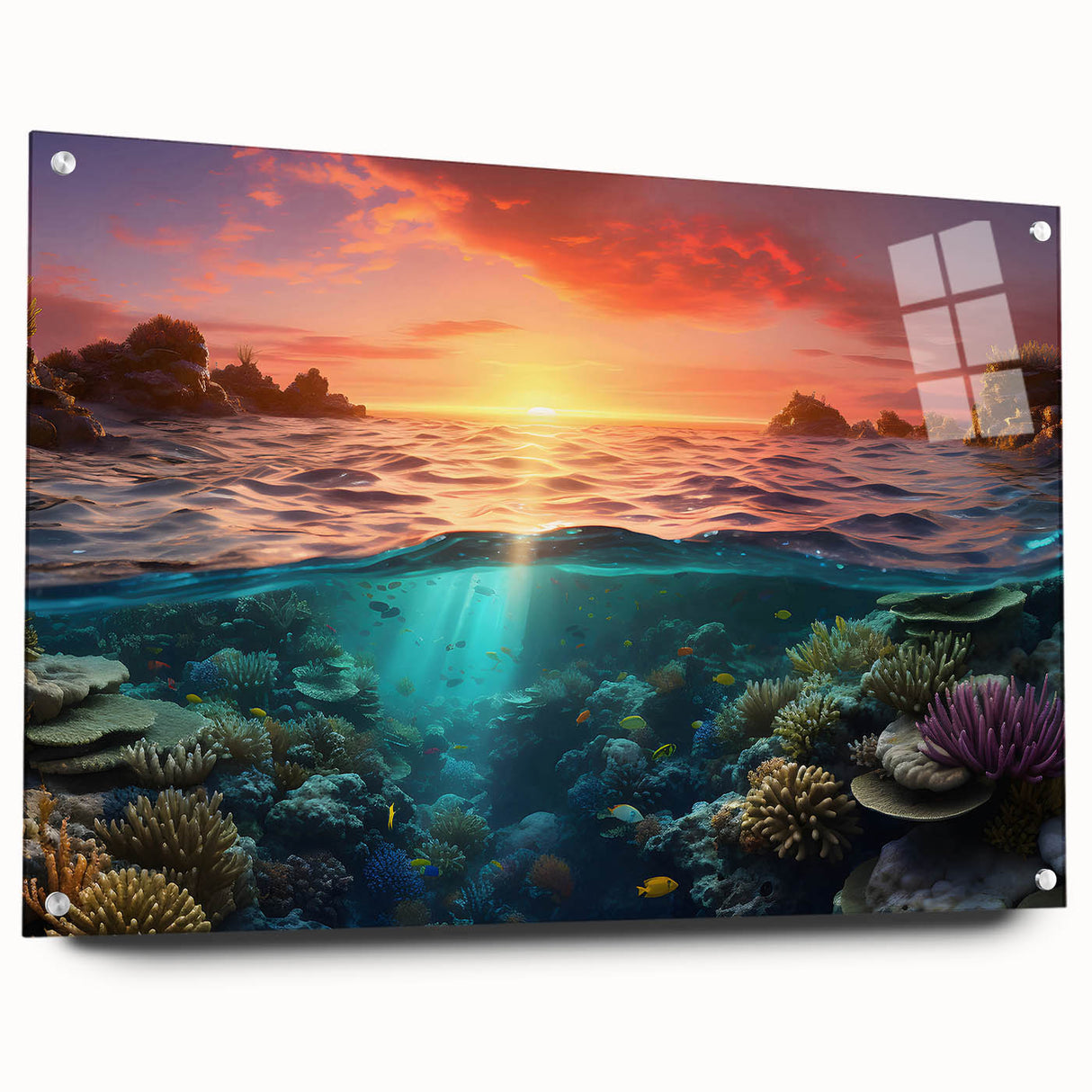 Acrylic print of the Great Barrier Reef in vibrant blue and green tones, suitable for bedroom or dining room decor.