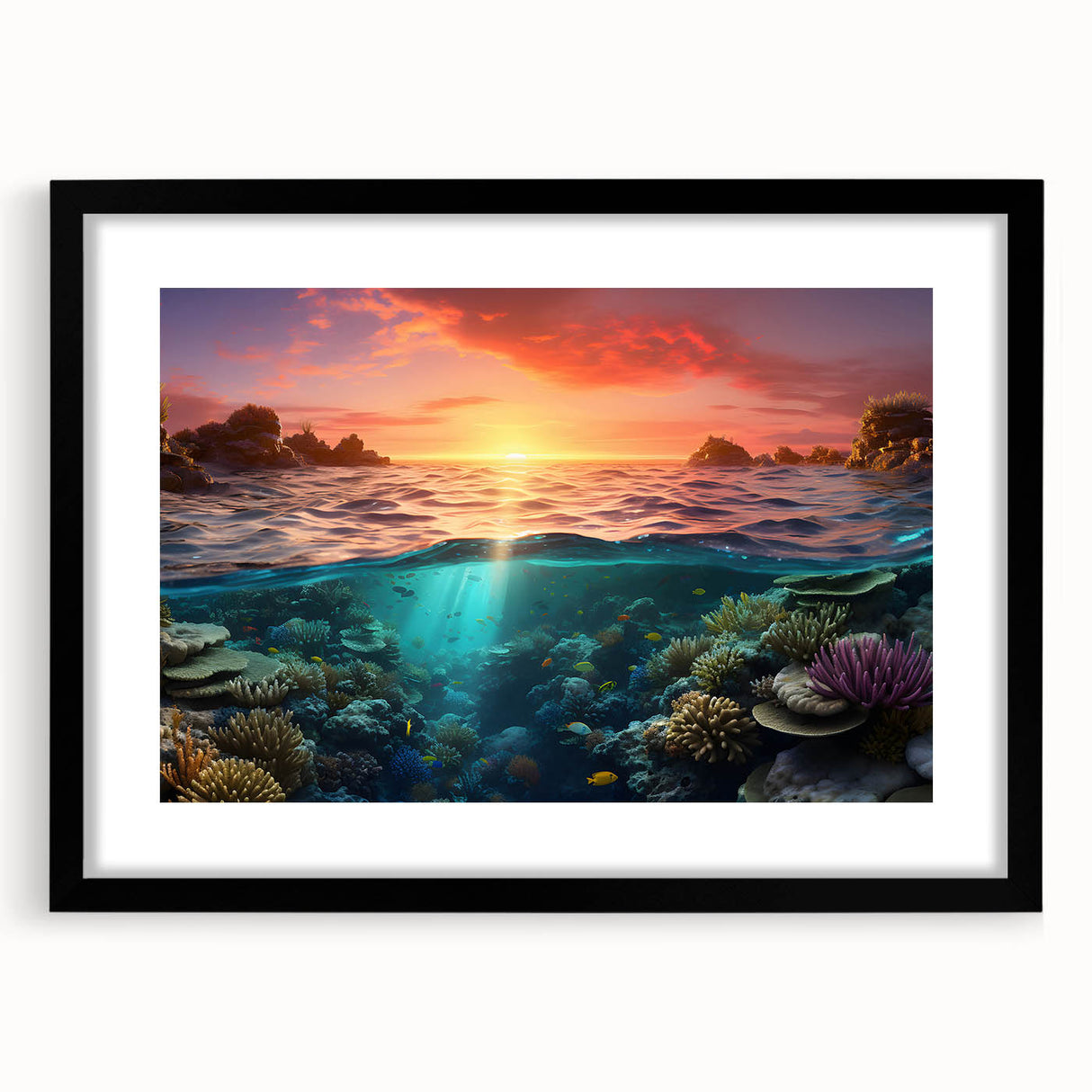 Extra large abstract art print of the Great Barrier Reef in vibrant colors on a textured canvas, framed in black.