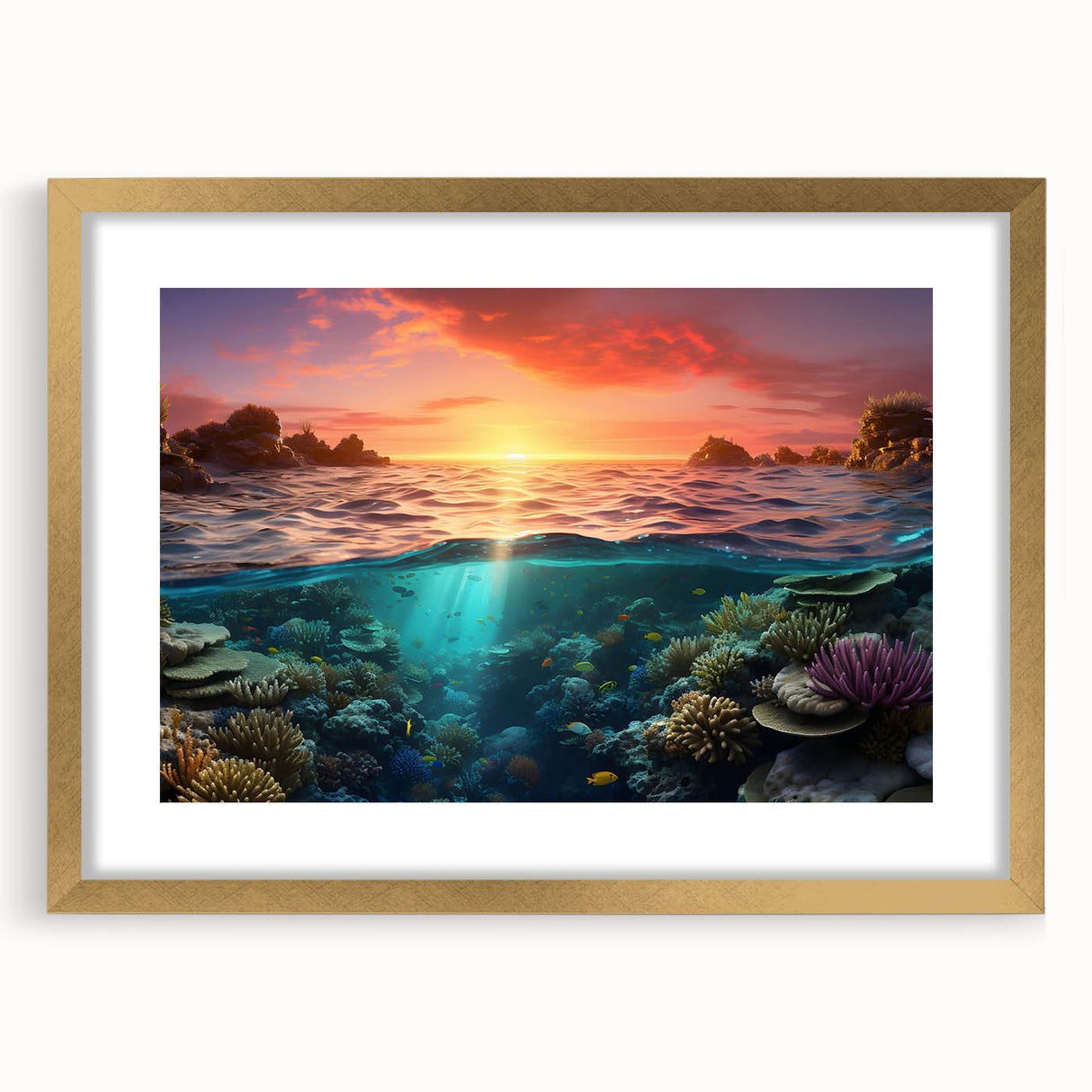 Textured art print of the Great Barrier Reef in abstract style, featuring blues and greens, in a gold frame.
