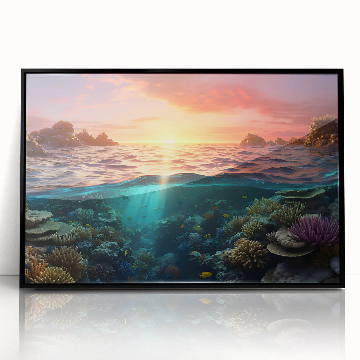 Large abstract wall art of the Great Barrier Reef in blues and greens on a framed acrylic.