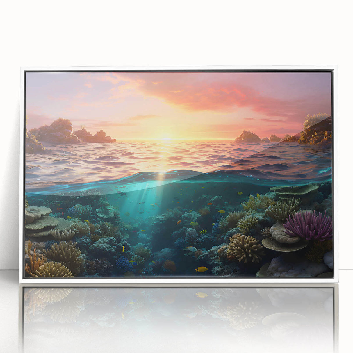 Framed acrylic print of the Great Barrier Reef in vibrant blue and green tones, ideal for modern art wall decor.