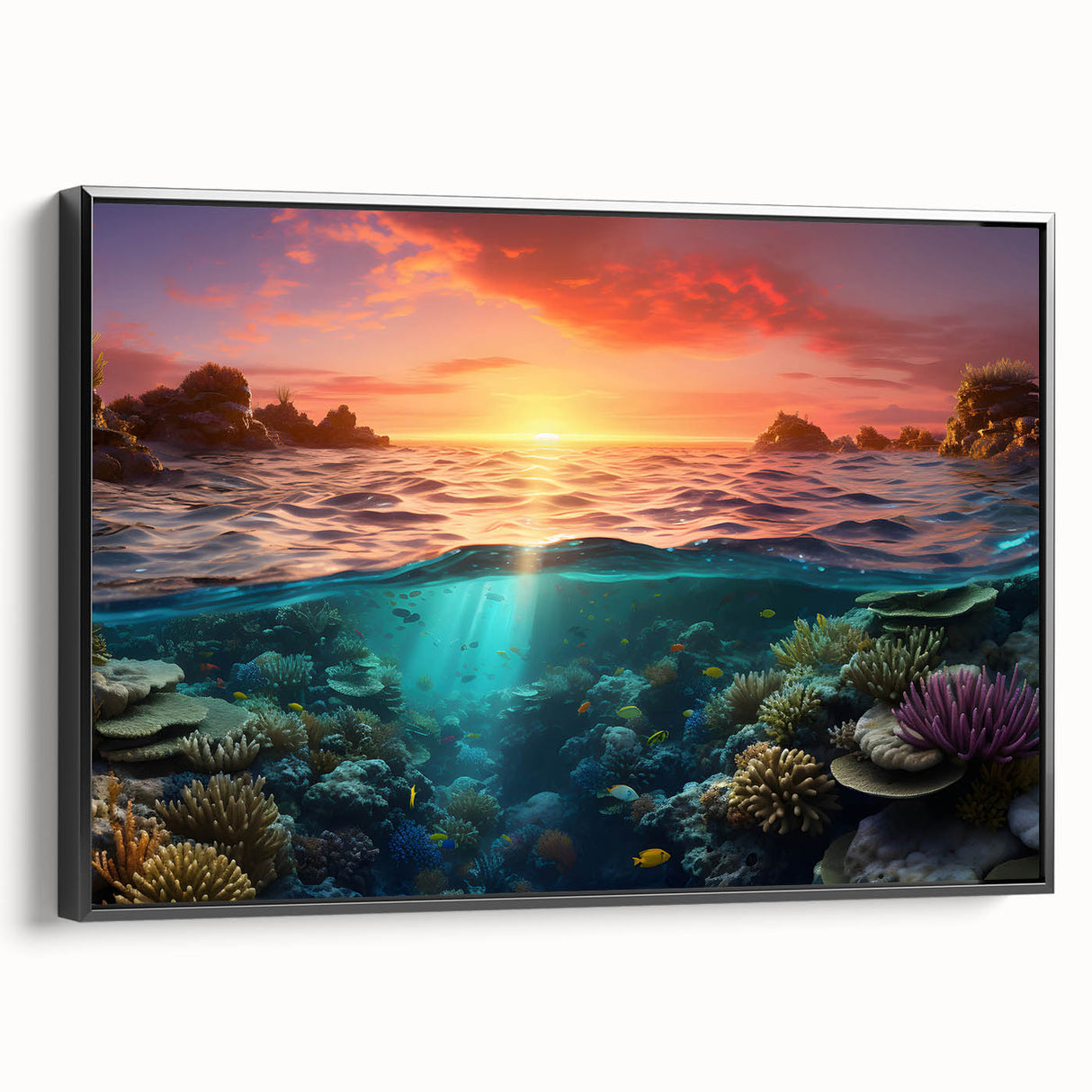 Black and white framed canvas of the Great Barrier Reef landscape, ideal for bedroom wall art.
