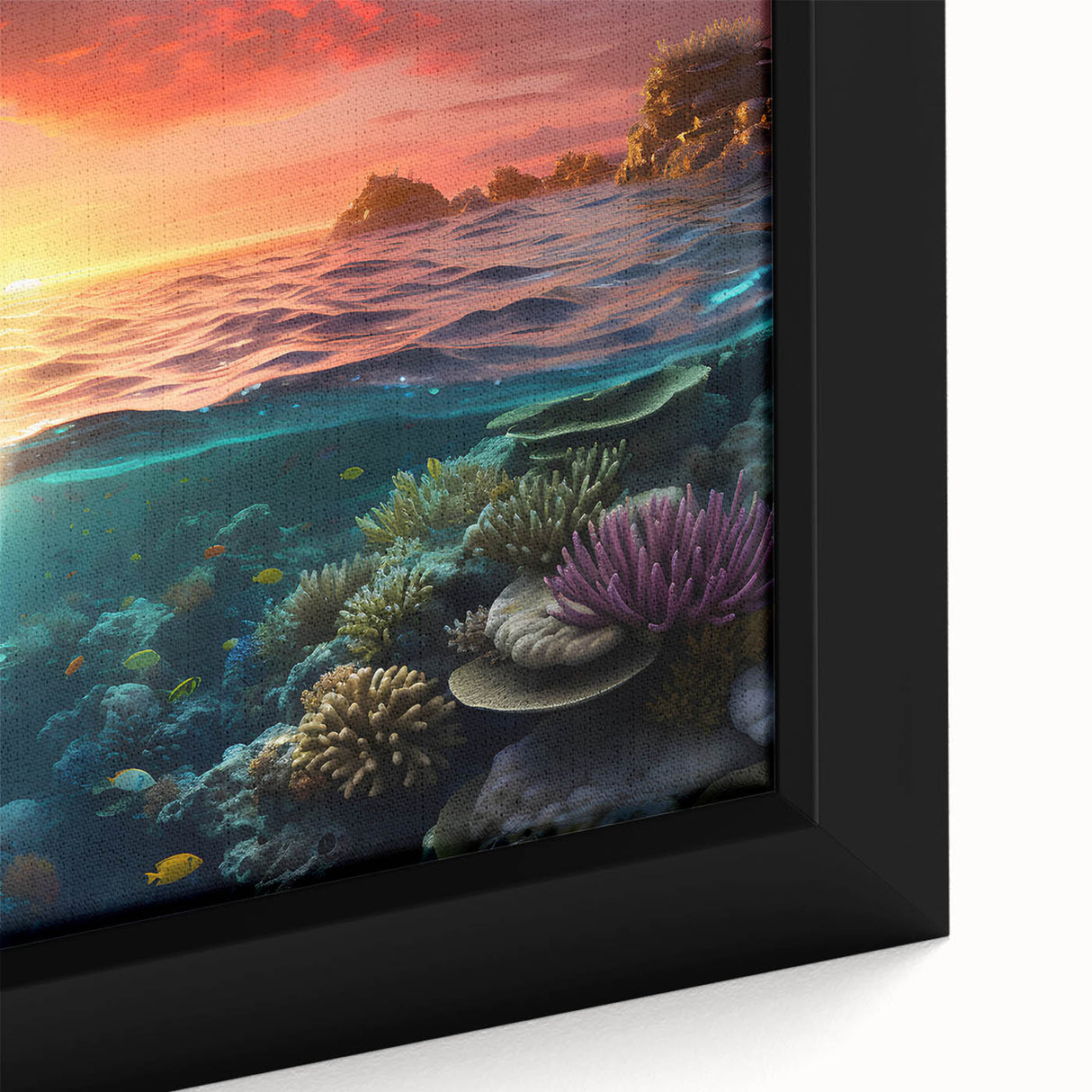 Extra large framed canvas featuring a textured depiction of the Great Barrier Reef in vibrant colors.