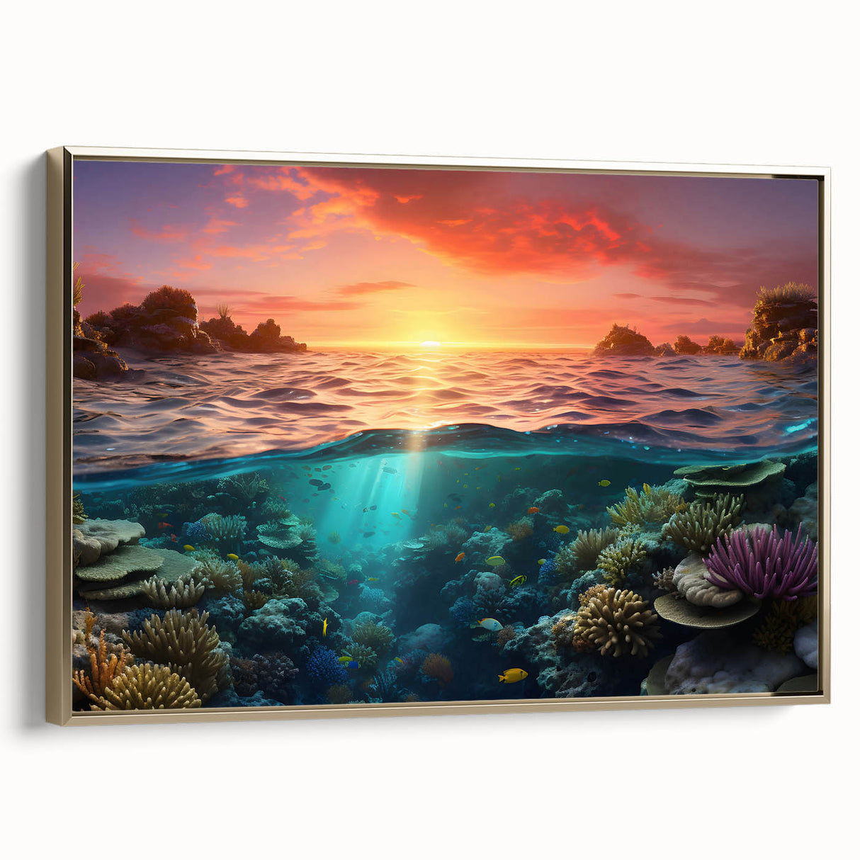 Framed canvas landscape art painting of the Great Barrier Reef in vibrant blue and green tones, ideal for living room decor.