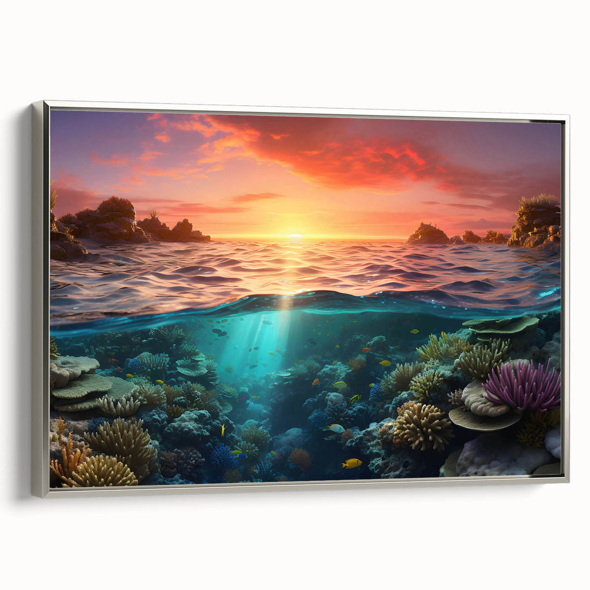 Vintage poster art of the Great Barrier Reef on a framed canvas, with vibrant colors, suitable for living room decor.