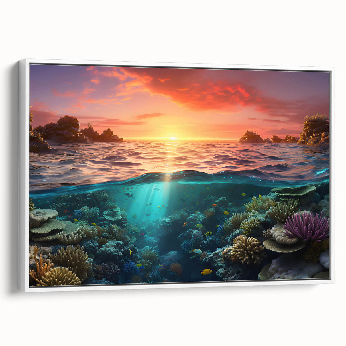 Framed canvas depicting the Great Barrier Reef in vibrant blues and greens, ideal for bedroom wall art.