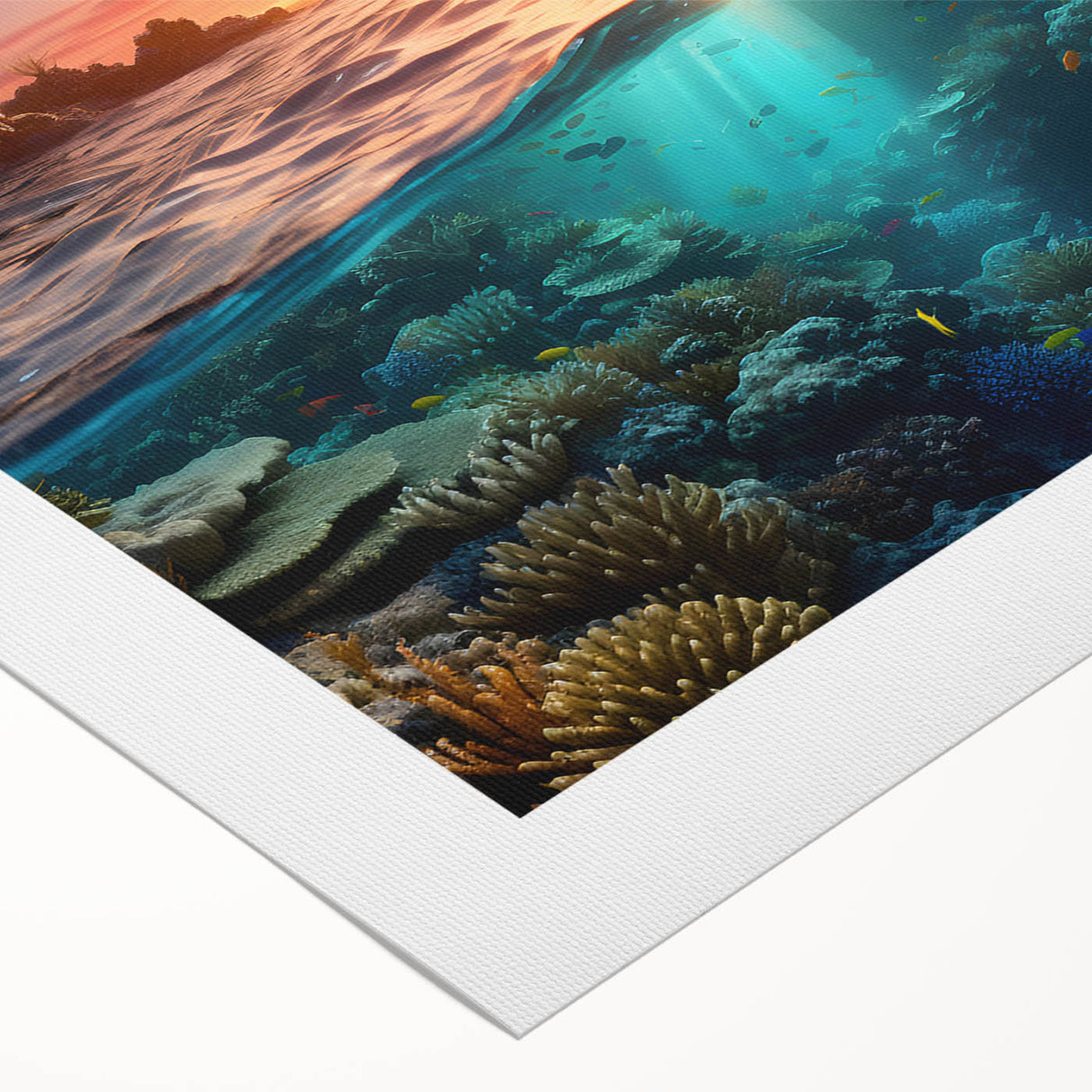 Art deco poster of the Great Barrier Reef in vibrant blue and green tones on rolled canvas, suitable for dining room decor.