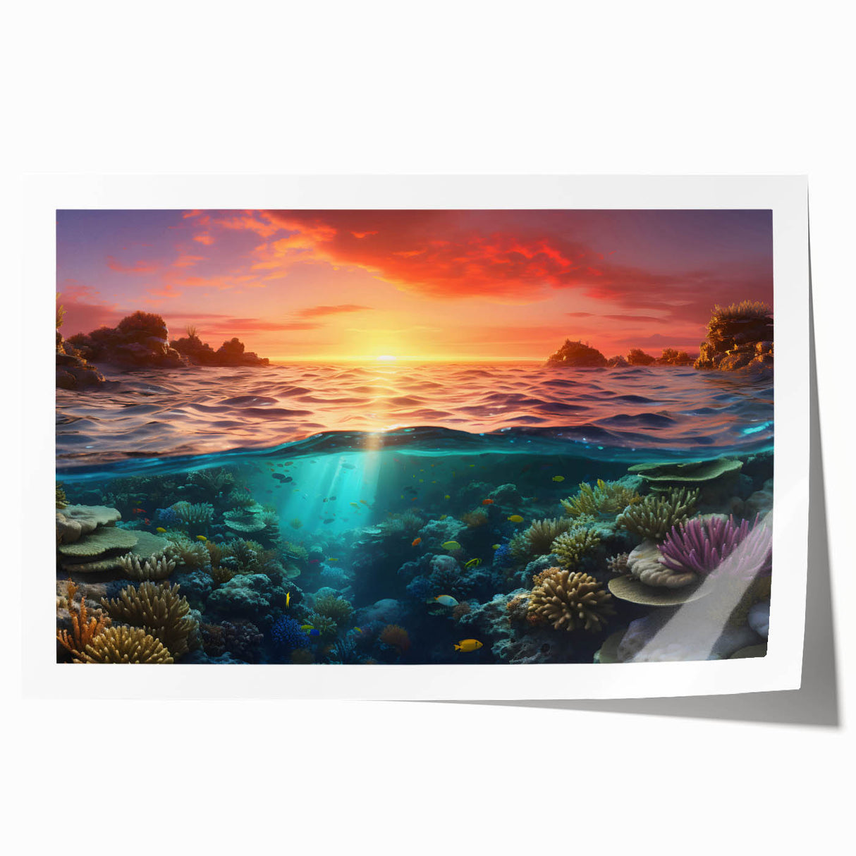 Extra large rolled print depicting the Great Barrier Reef in vibrant marine colors, ideal for dining room wall art.