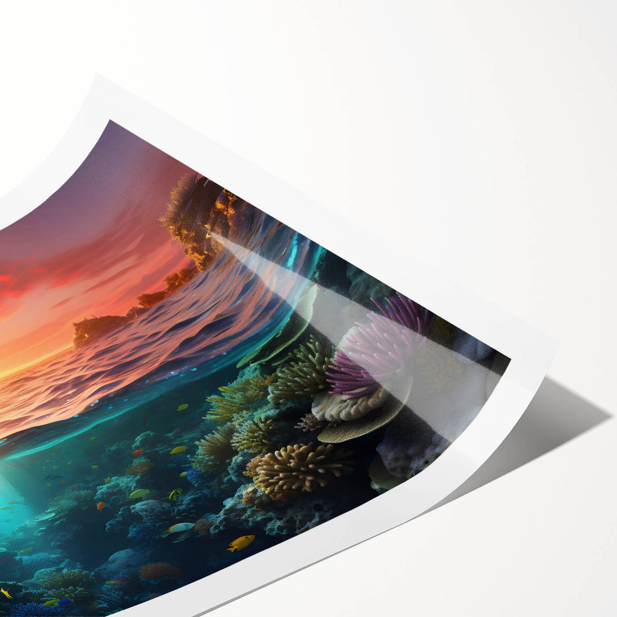 Extra large wall art featuring a line art depiction of the Great Barrier Reef in pastel shades on rolled canvas.