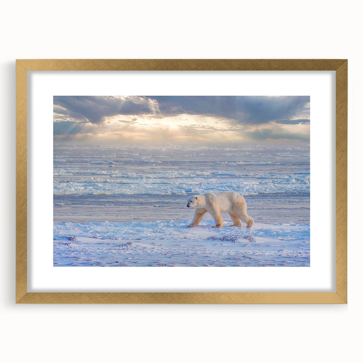 Extra large abstract art print depicting a textured scenery of Manitoba in muted earth tones, framed in gold.