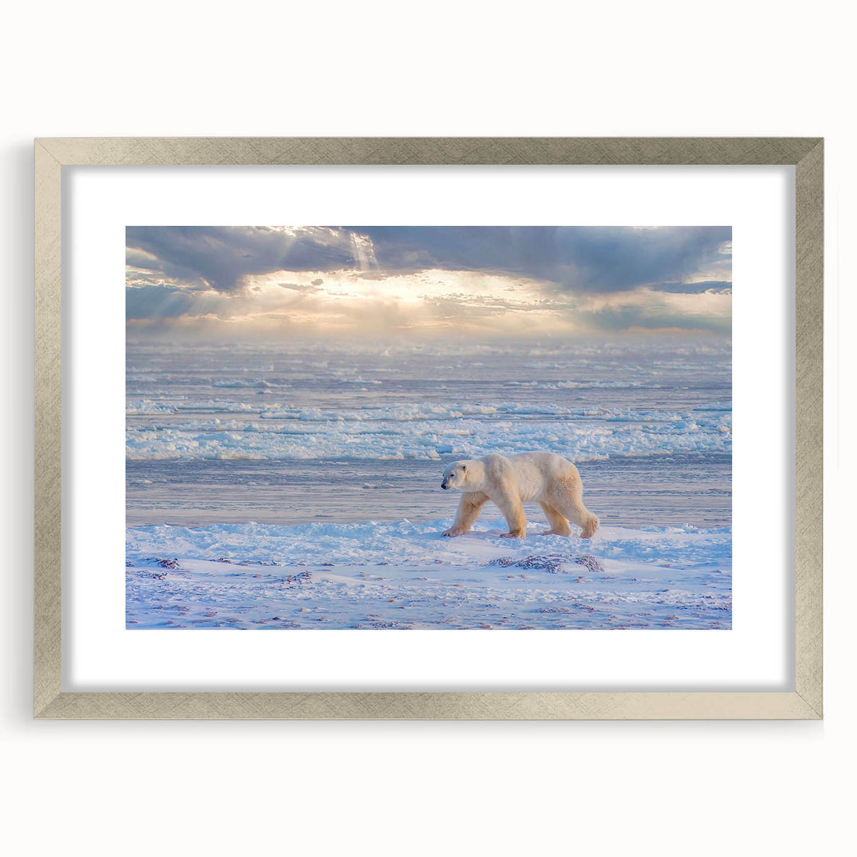 Textured abstract art print depicting a serene Manitoba landscape in muted earth tones, framed in silver.