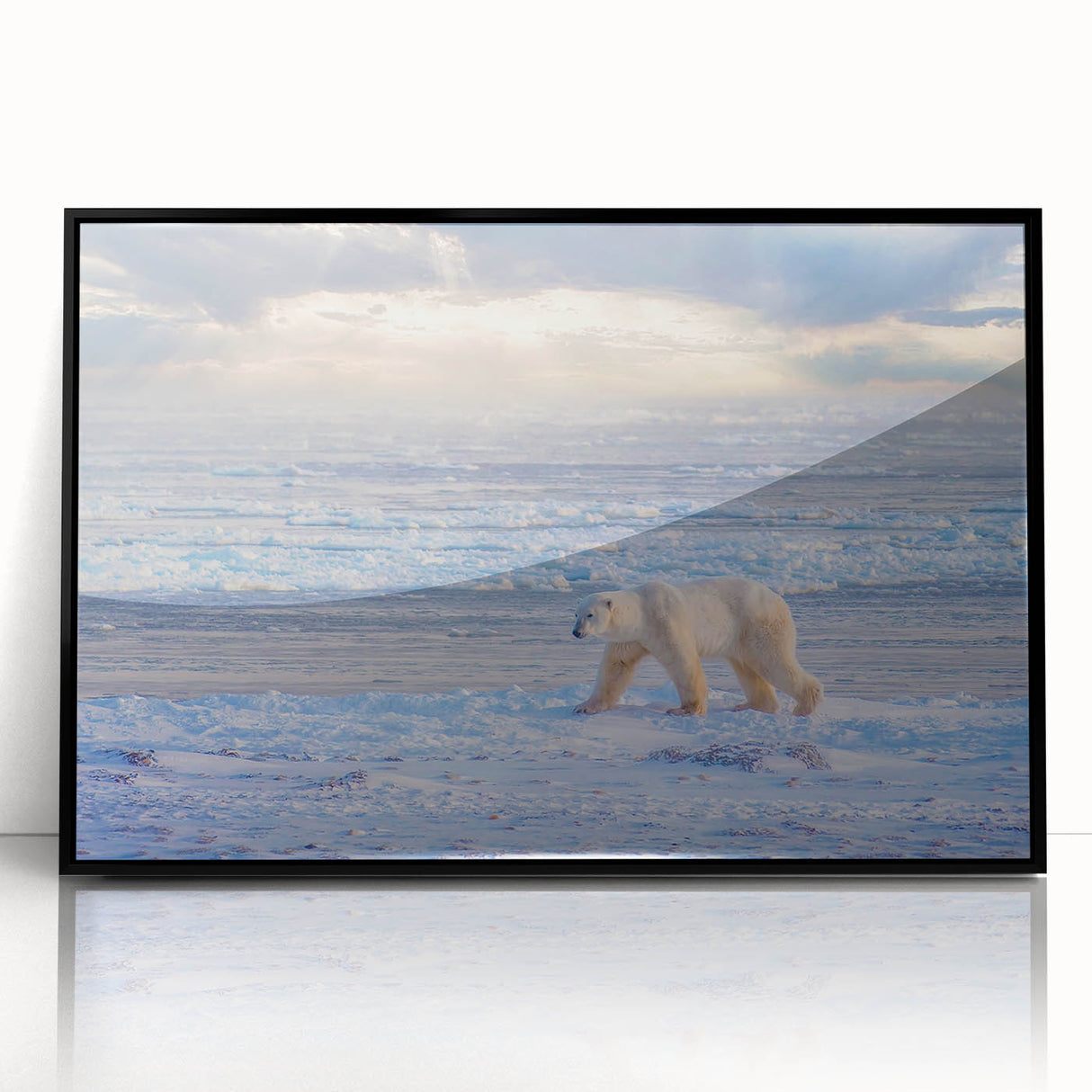 Large abstract wall art depicting a stylized Manitoba scenery in muted earth tones, framed in black acrylic.