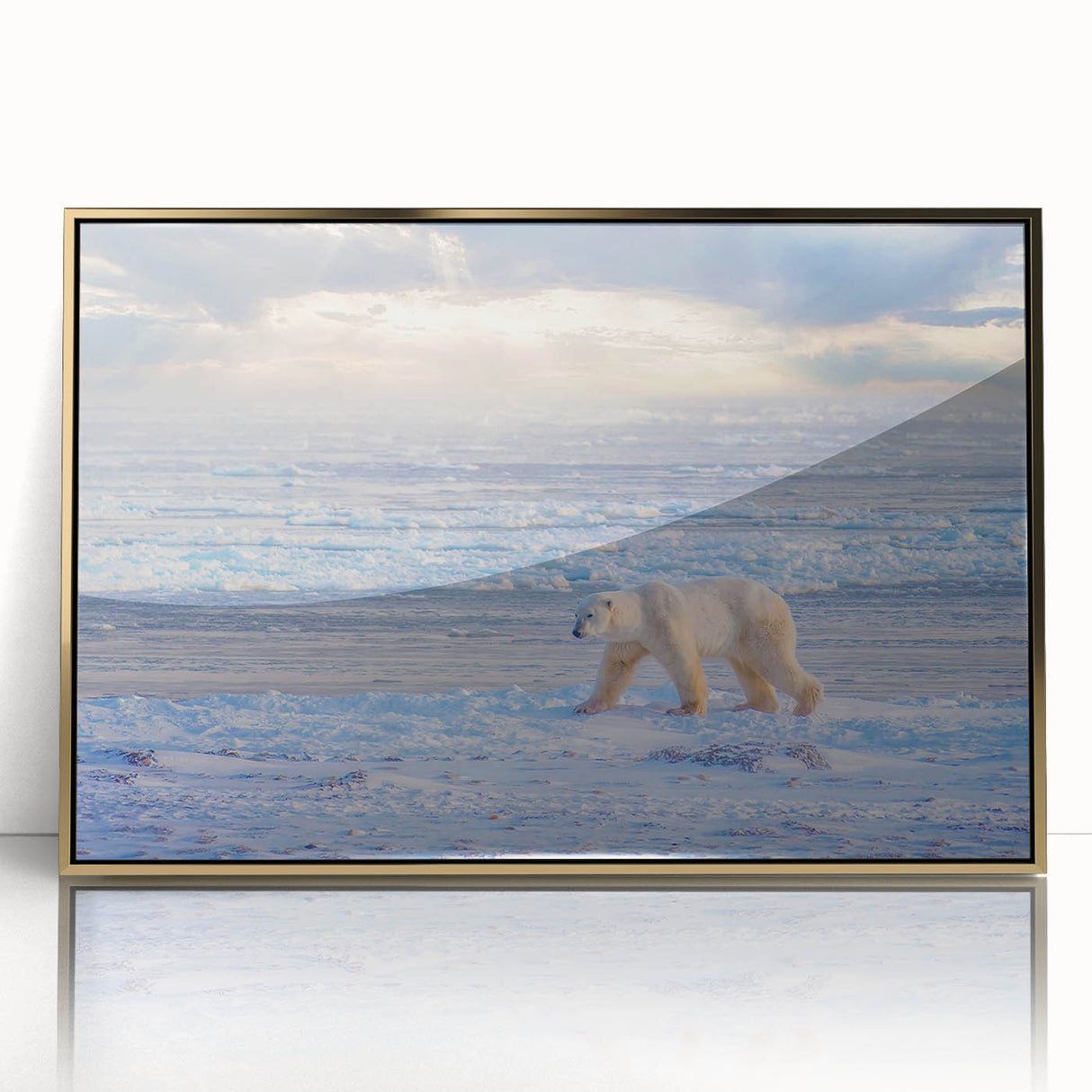 Mid-century modernist style acrylic print of Manitoba scenery in gold frame, suitable for modern art wall decor.
