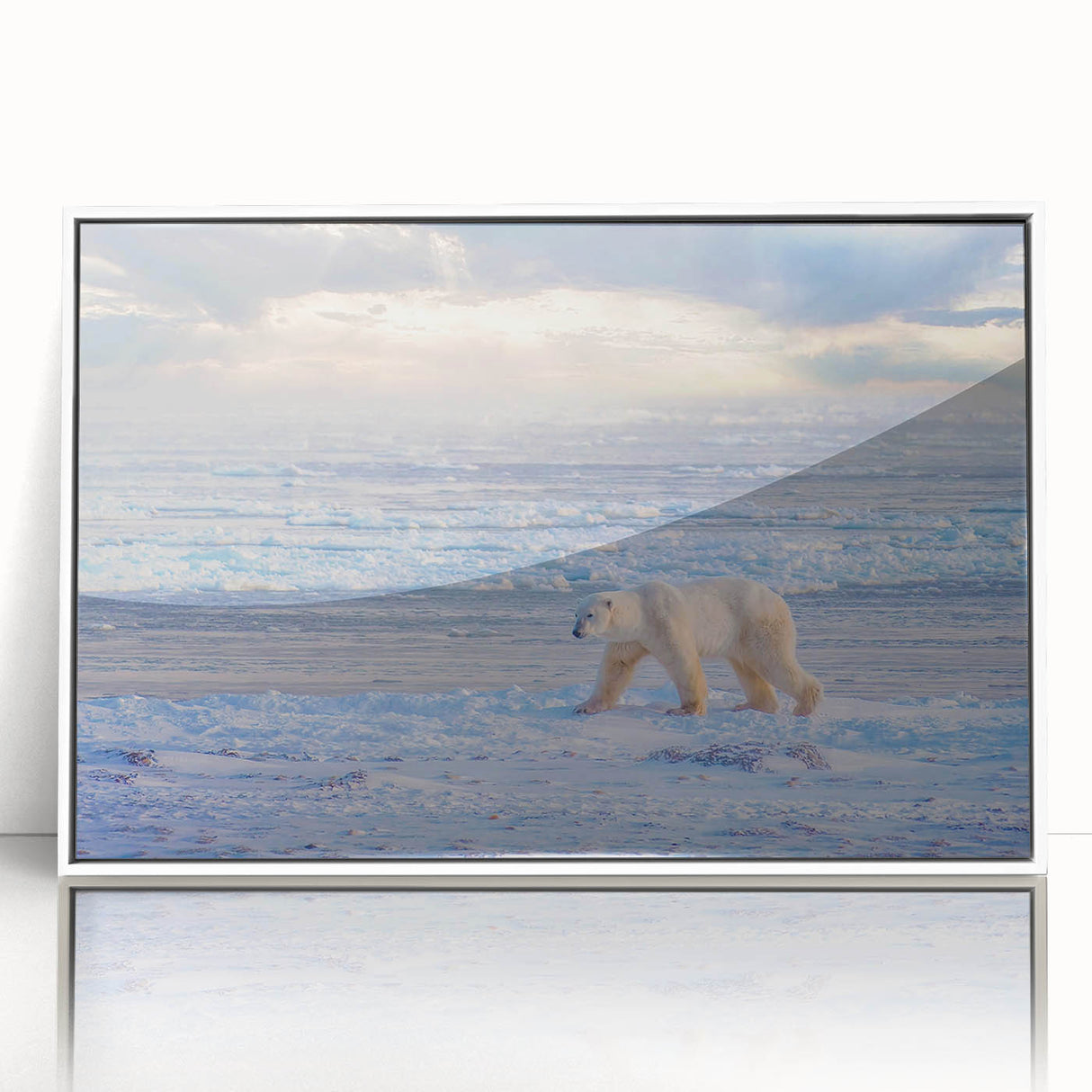 Acrylic print of a serene Manitoba scenery in muted green and blue tones, framed in white.