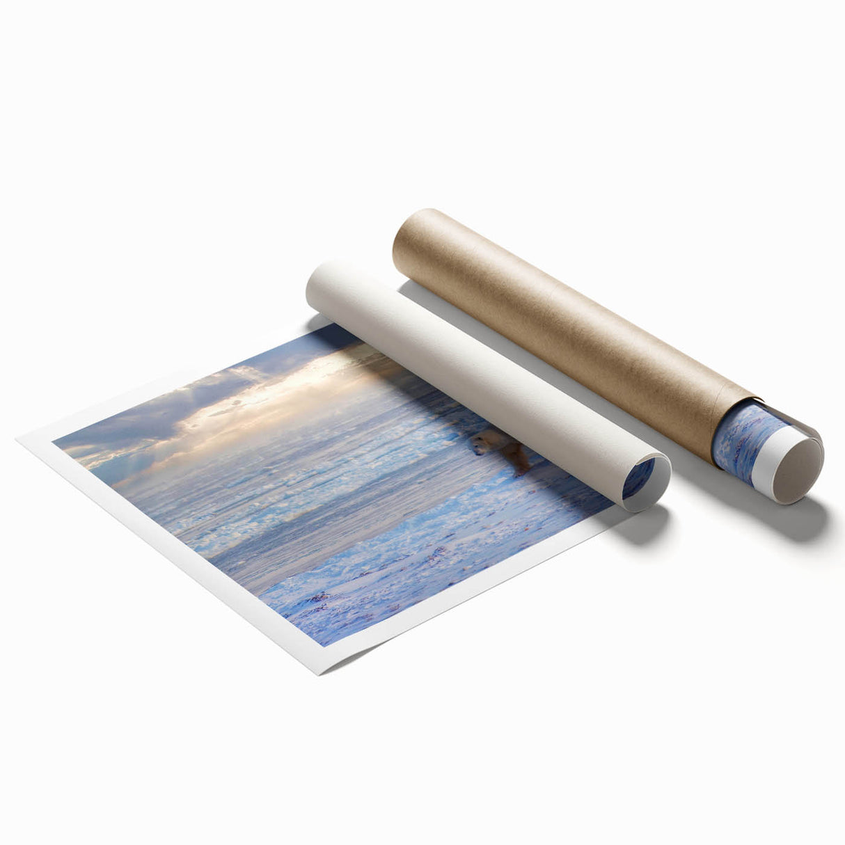 Extra large rolled print of a serene Manitoba landscape with soft floral elements, ideal for classy bathroom wall art.