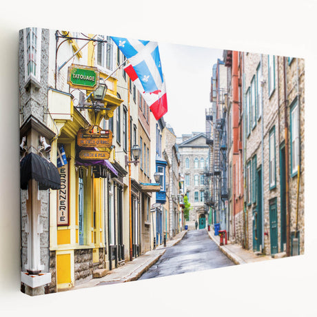 Side view of a stretched canvas depicting a serene Quebec landscape, ideal for kitchen wall art.