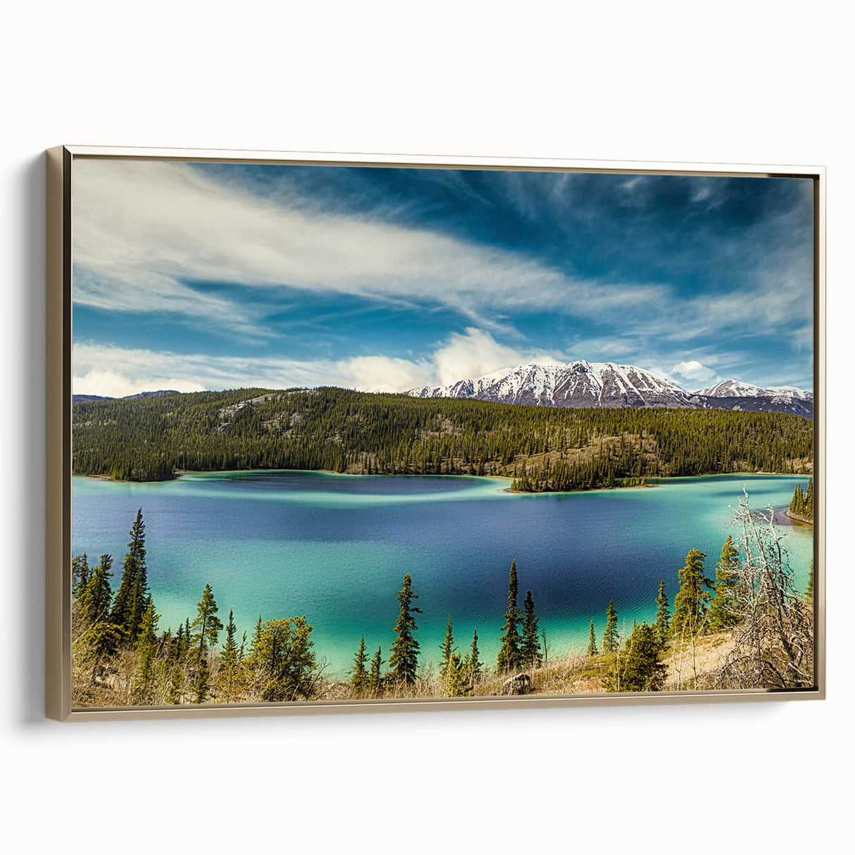 Landscape art painting of Yukon scenery on framed canvas, featuring muted gold and black tones, ideal for bedroom wall art.