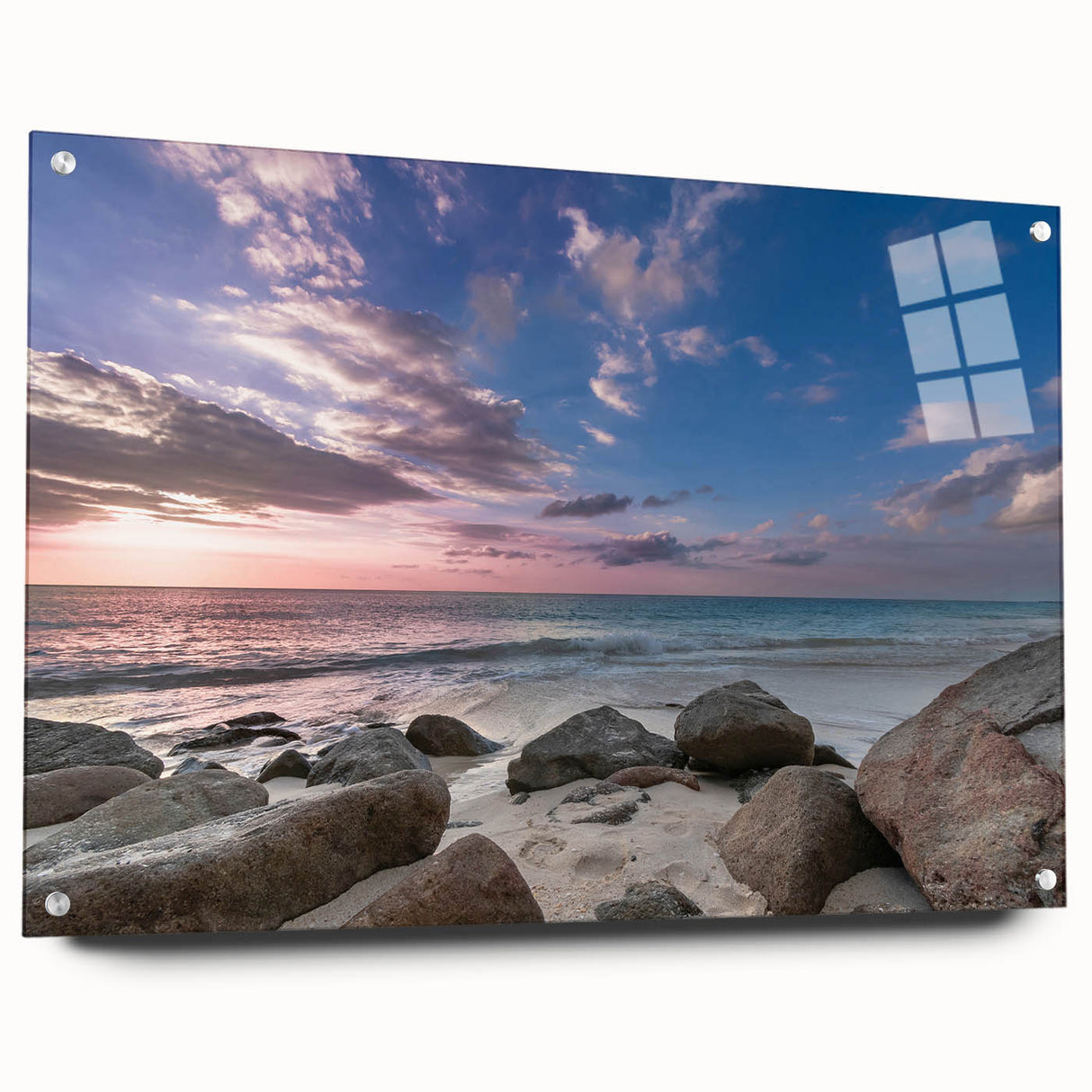 Large abstract wall art of Caribbean Antigua scenery on acrylic glass, featuring vivid blue ocean tones.