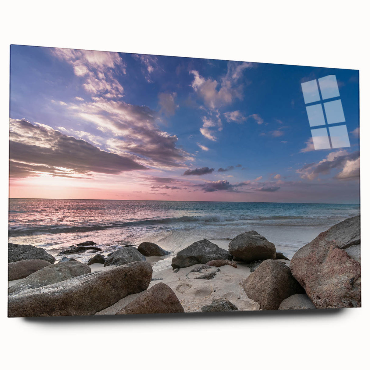 Large abstract wall art depicting Caribbean scenery on acrylic glass, suitable for bedroom or dining room decor.