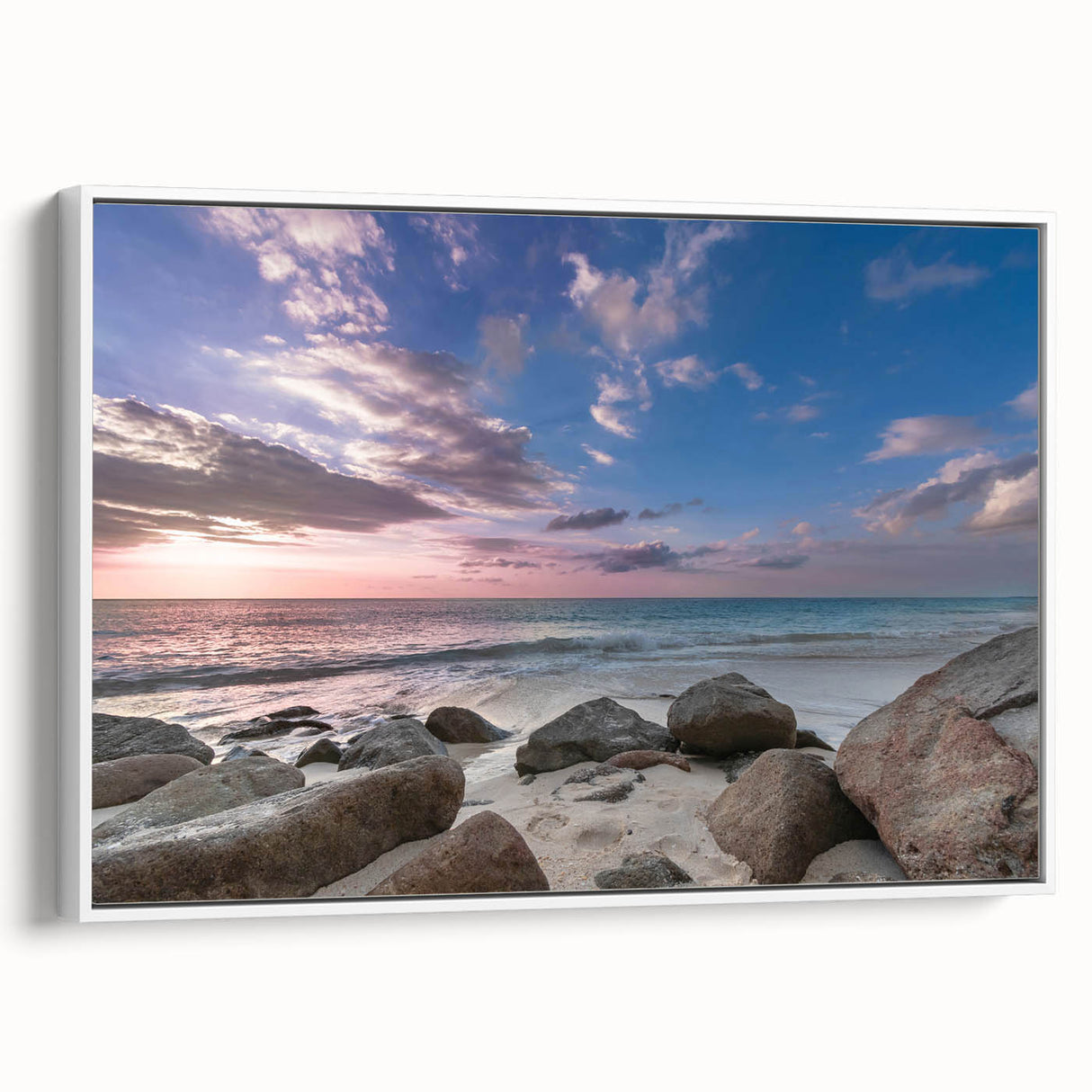 Framed canvas of a vintage Caribbean landscape painting with vibrant blue and green hues, ideal for living room decor.