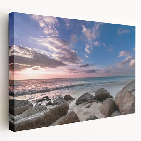 Caribbean beach scene on stretched canvas, featuring vivid blue and turquoise water, ideal for kitchen wall art.