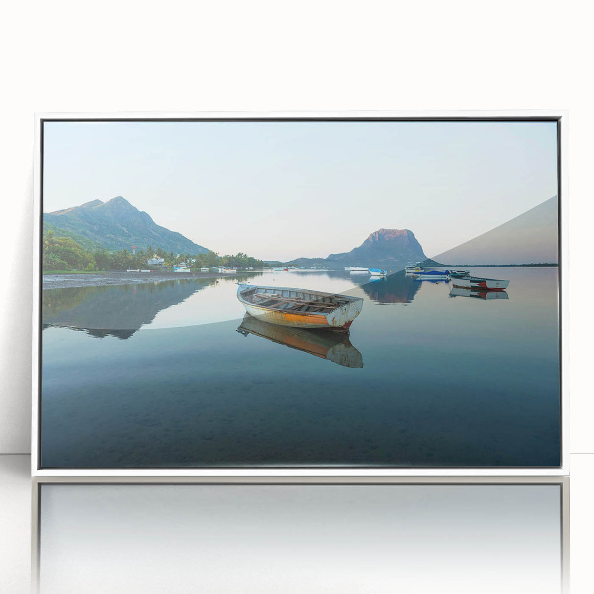 Large art print of a serene Martinique beach landscape in pastel colors, framed in white acrylic.